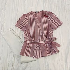 Madewell XXS Red & White Striped Wrap Blouse